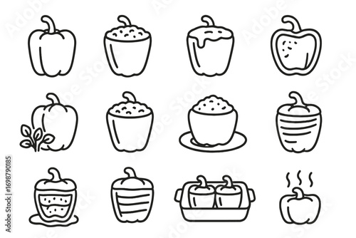 Stuffed Peppers Icons. Line style icons of stuffed peppers: filled bell pepper, rice inside pepper, cheese top pepper, cut stuffed