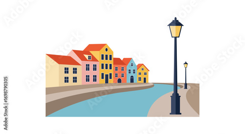 a quaint village scene with colorful houses along a canal