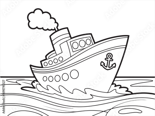 Nautical ship doodle with anchor design and smoke outline for kids coloring activity