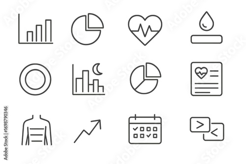 Health Dashboard Icons. Line style icons of health dashboards and data: bar chart, pie graph, heart rate zone chart, hydration