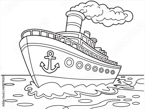 Passenger boat black and white line art sailing on ocean waves for coloring book