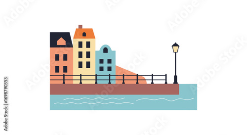 colorful houses along waterfront with streetlamp and calm water