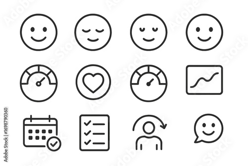 Mood Tracking Icons. Line style icons of mood and emotion tracking: happy face, peaceful face, neutral face, gentle smile; emotion