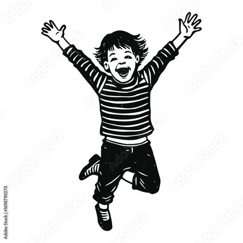 Vector art of joyful child with arms raised in excitement, jumping high in the air