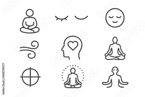Mindful Icons Collection. Line style icons of mindfulness and calm states: sitting figure, closed eyes, peaceful face, hands in