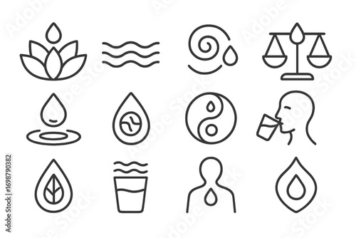 Water Wellness Icons. Line style icons of water and wellness synergy: lotus with droplet, calm water symbol, wellness spiral,