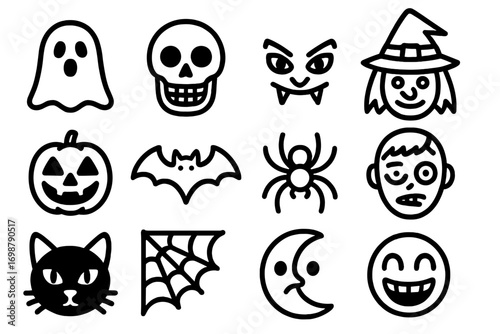 Spooky Emoticon Icons. Line style icons of spooky emoticons: ghost emoji, skull grin, vampire smile, witch face; pumpkin eyes, bat