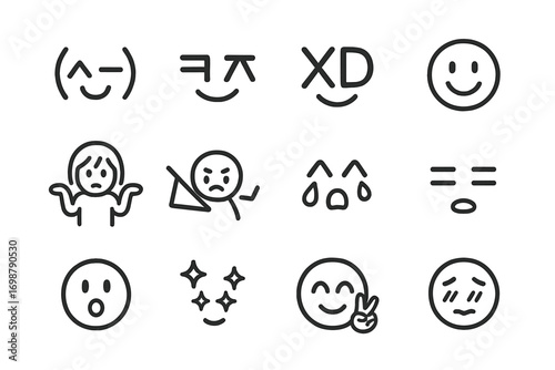 Line Style Emoticons. Line style icons of regional style emoticons: Japanese kaomoji face, Korean hangul smile, Western XD,
