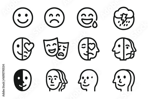 Emotional Duality Icons. Line style icons of emotional duality: happy and sad face, laugh cry blend, calm outside storm inside,