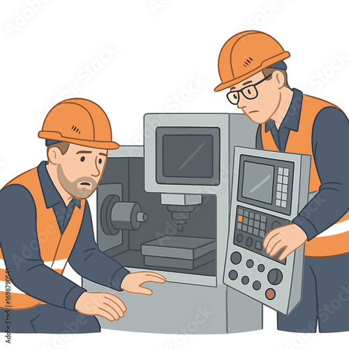 Two Caucasian production engineers in safety gear are helping adjust and maintain a CNC machine in the factory, while male factory workers inspect the industrial machine to locate a fault