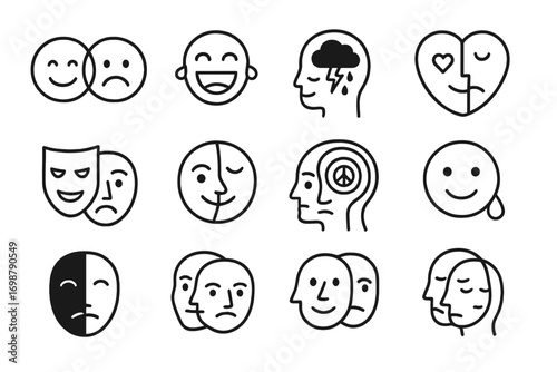 Emotional Duality Icons. Line style icons of emotional duality: happy and sad face, laugh cry blend, calm outside storm inside,