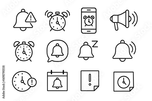 Reminder Icons Collection. Line style icons of reminders and alarms: bell with alert, ringing clock, phone alarm icon, loud buzzer