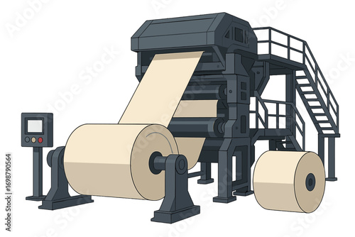 A large paper production machine in a high‑tech industrial mill processes rolls of paper