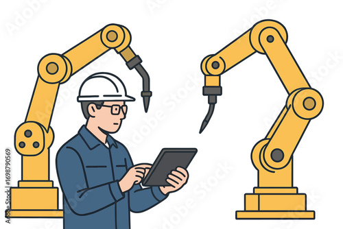 A robotic engineer automatically checks the quality system of robotic arm machines in the factory and programs welding robots for production