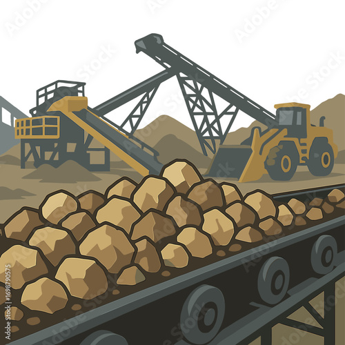 A tight shot of rocks on a conveyor belt within an industrial mining or quarry setting, with heavy machinery visible behind