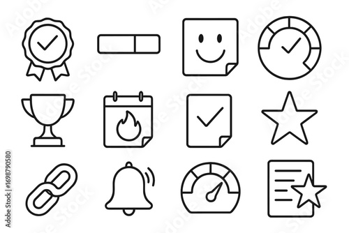Motivation Icons Set. Line style icons of motivation tools: done badge, finished bar, smiley sticky, progress checkmark; reward