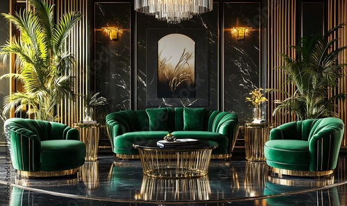 Luxurious Emerald Green and Gold Living Room with Marble and Crystal Accents