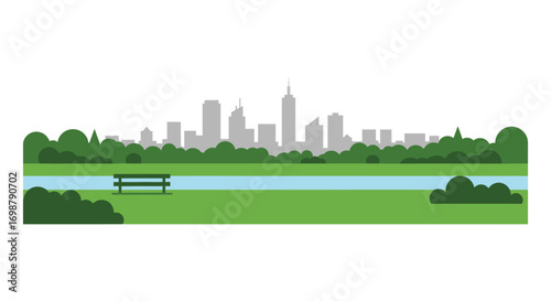 city skyline view from serene park bench by lake