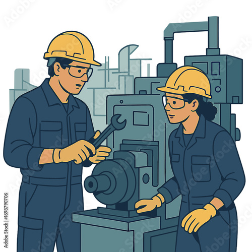 A professional engineer collaborates in a factory’s heavy industry, wearing a uniform while maintaining industrial machinery and overseeing manufacturing operations