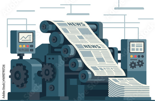 A high‑quality printing press in a factory setting produces newspapers, showcasing intricate machinery and the flow of printed pages, with a bright, modern environment that highlights efficiency and