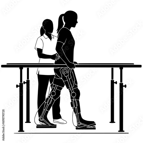 Rehabilitation physiotherapy with robotic exoskeleton gait training – vector silhouette isolated on white background with transparent background 
