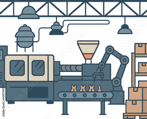 Industrial plastic injection molding facility equipped with a production line and inventory