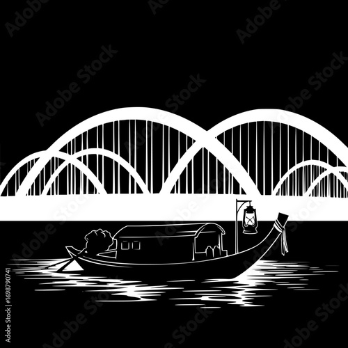 Traditional wooden boat with people navigating a river under a large arched bridge silhouette isolated on white background isolated on transparent background