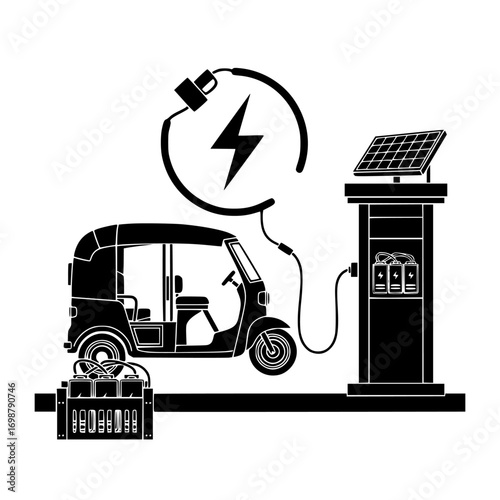 Silhouette of an electric auto rickshaw charging from a solar powered station with a battery pack isolated on white background isolated on transparent background