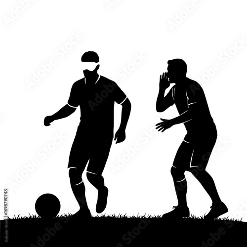 Blind football player dribbling with guide call – vector silhouette isolated