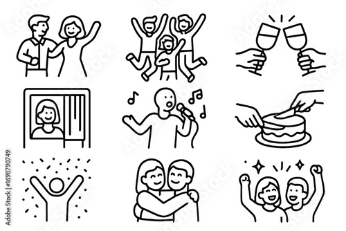 Joyful Celebration Icons. Line style icons of joyful activities: dancing couple, jumping group, toast in air, photo booth icon;