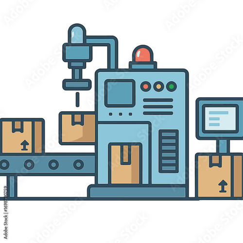 Flat-style illustration of technology and packaging concepts featuring industrial machinery