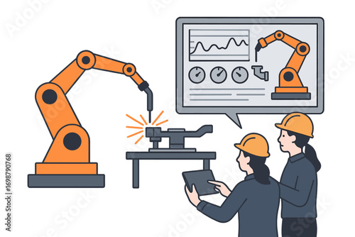 Engineers evaluate the robot arm's control using real‑time monitoring software, while robots weld components and manufacture industrial parts to lessen human labor