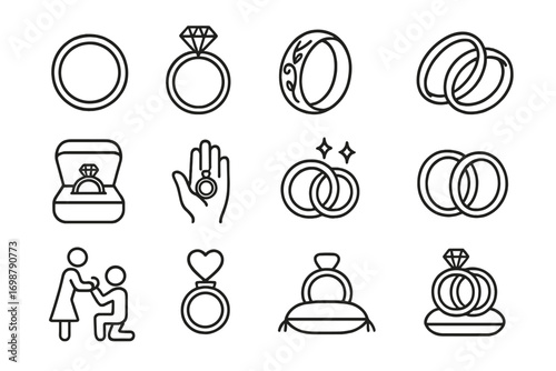 Wedding Ring Icons. Line style icons of wedding rings: classic band, solitaire diamond ring, ring with engraving, pair of rings;