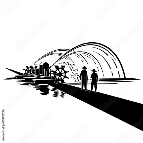 Vintage illustration of workers operating a water wheel pump system for irrigation on a riverbank silhouette isolated on white background isolated on transparent background