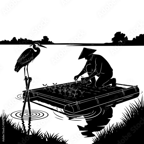 Silhouette farmer tending to floating plants in water with a heron standing on a pole nearby isolated on white background isolated on transparent background