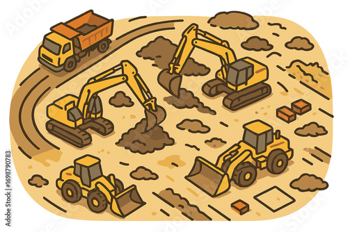 Bird's-eye view of a construction site in Fellsmere, United States, featuring excavators and other machinery under development
