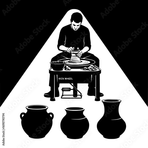 Artist shaping clay on a pottery wheel illuminated by a spotlight with finished vases below silhouette isolated on white background isolated on transparent background