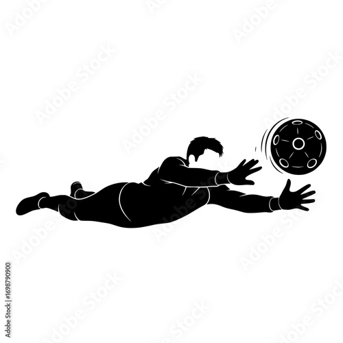 Dynamic silhouette of a soccer goalkeeper diving to save a ball in mid air isolated on white background isolated on transparent background