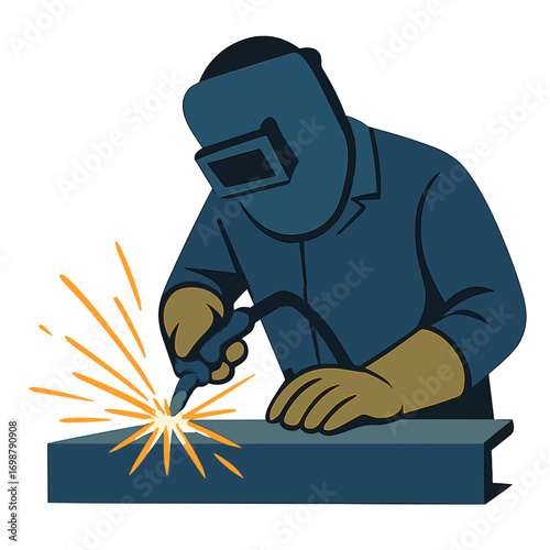 In a factory, a welder works on a metal beam, his welding torch sending sparks into the air