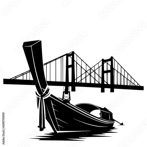 Iconic golden gate bridge silhouette with a traditional longtail boat in the foreground isolated on white background isolated on transparent background