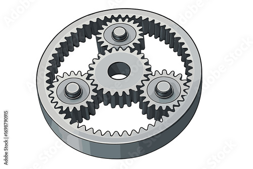 A detailed 3D rendering of a planetary gear assembly, highlighting complex metal gears, perfect for engineering, industrial, and mechanical design projects