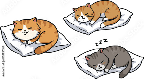 Cartoon Cats Sleeping on Pillows – Cute Animal Vector for Pet Graphics, Nursery Decor, Relaxation Themes, Educational Use, and Digital Art