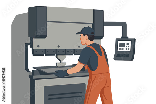 A man operates an industrial metal press brake in a factory setting, with a banner