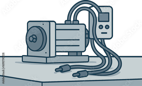 A close-up of machinery with cables on a laboratory table in a factory