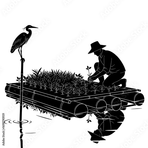 Silhouette farmer tending to floating plants in water with a heron standing on a pole nearby isolated on white background isolated on transparent background