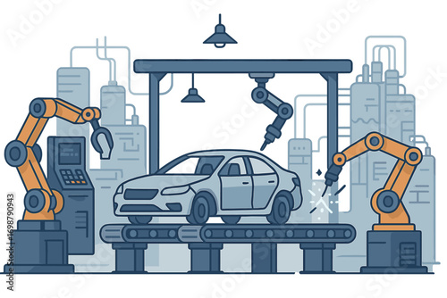 A futuristic high‑tech factory featuring modern machinery, robotic automation, mechanical assembly, and automotive manufacturing equipment