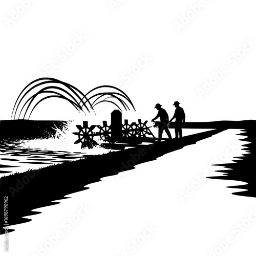 Vintage illustration of workers operating a water wheel pump system for irrigation on a riverbank silhouette isolated on white background isolated on transparent background