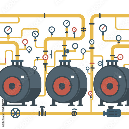 Inside an industrial boiler room, there are three large boilers, numerous pipes, valves, and sensors