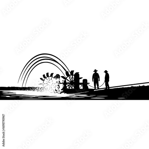 Vintage illustration of workers operating a water wheel pump system for irrigation on a riverbank silhouette isolated on white background isolated on transparent background