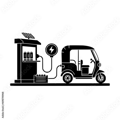 Silhouette of an electric auto rickshaw charging at a solar powered station with batteries and energy symbol isolated on white background isolated on transparent background